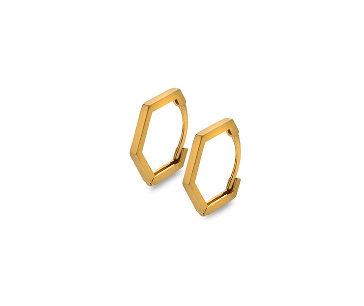 Hexagonal Huggie Hoop Earring in 9ct Yellow Gold by FANCI Fine Jewellery, Southampton, UK.