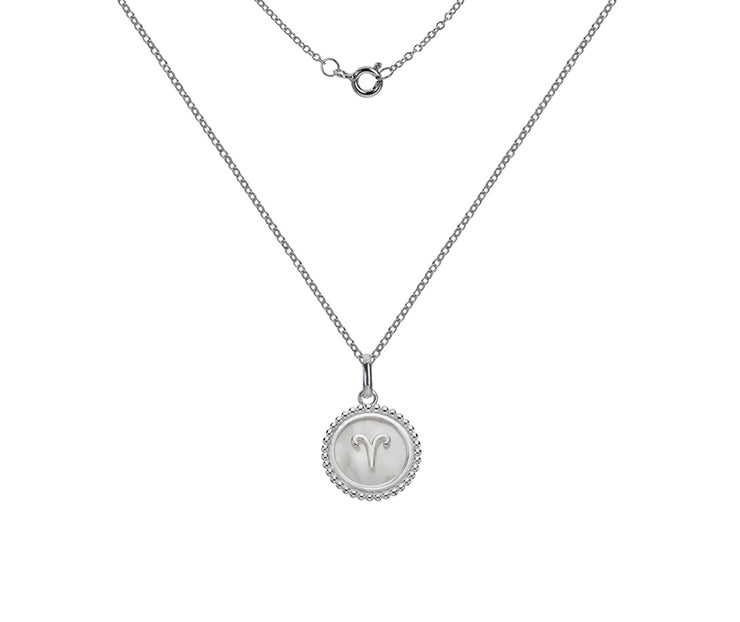 Silver Aries Zodiac Sign Mother of Pearl Pendant Necklace by FANCI Fine Jewellery, Southampton, UK.