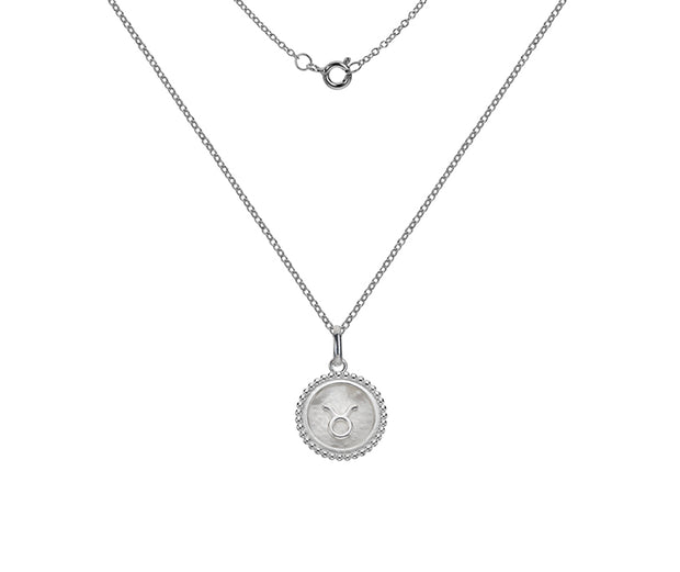 Silver Taurus Zodiac Sign Mother of Pearl Pendant Necklace by FANCI Fine Jewellery, Southampton, UK.