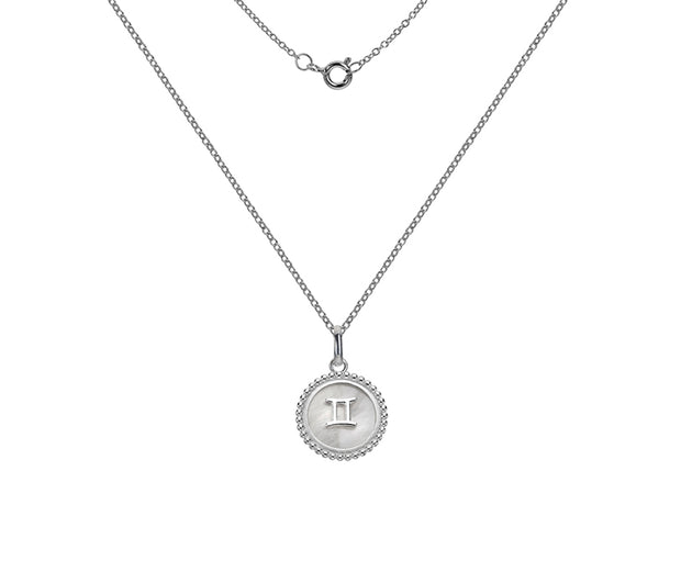 Silver Gemini Zodiac Sign Mother of Pearl Pendant Necklace by FANCI Fine Jewellery, Southampton, UK.