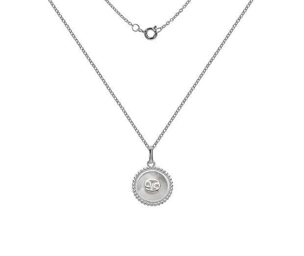 Silver Cancer Zodiac Sign Mother of Pearl Pendant Necklace by FANCI Fine Jewellery, Southampton, UK.