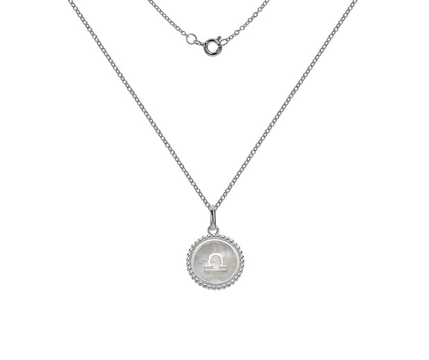 Silver Libra Zodiac Sign Mother of Pearl Pendant Necklace by FANCI Fine Jewellery, Southampton, UK.