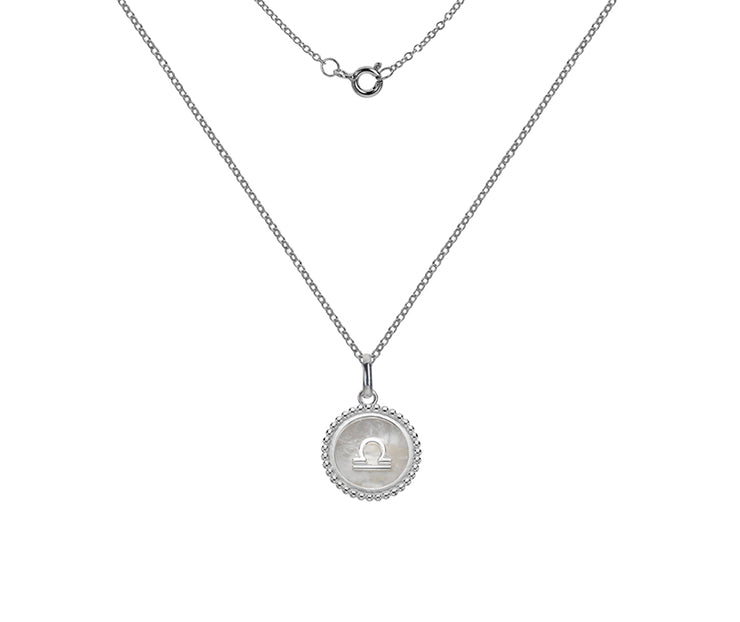 Silver Libra Zodiac Sign Mother of Pearl Pendant Necklace by FANCI Fine Jewellery, Southampton, UK.