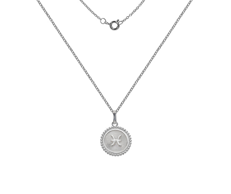 Silver Pisces Zodiac Sign Mother of Pearl Pendant Necklace by FANCI Fine Jewellery, Southampton, UK.