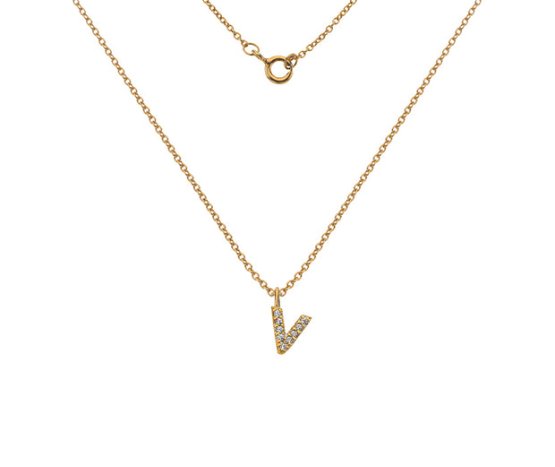 Silver Gold Plated And CZ Letter V Pendant Necklace by FANCI Fine Jewellery, Southampton, UK.