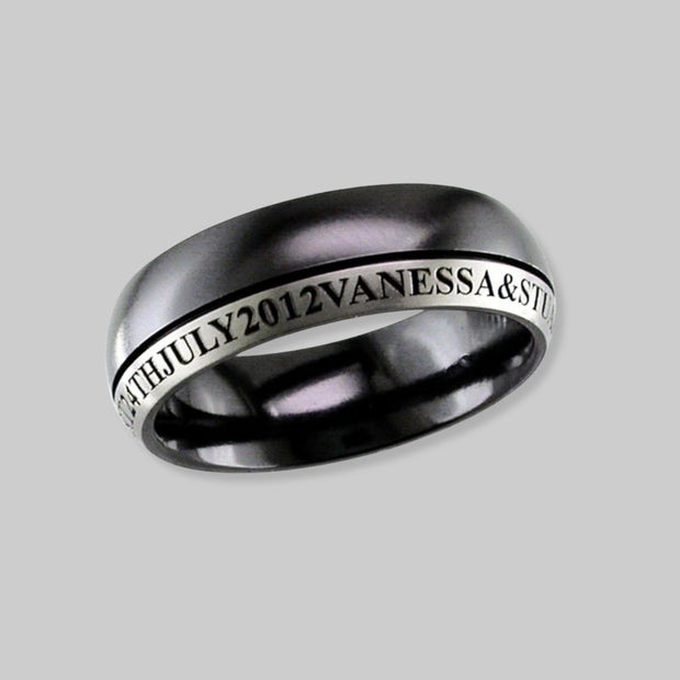 Relieved Black Zirconium Ring With Engraved Offset Polished Edge by FANCI Fine Jewellery, Southampton, UK