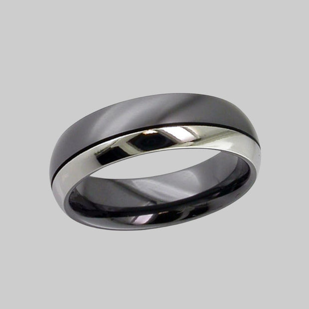 Relieved Black Zirconium Ring With Offset Polished Edge by FANCI Fine Jewellery, Southampton, UK