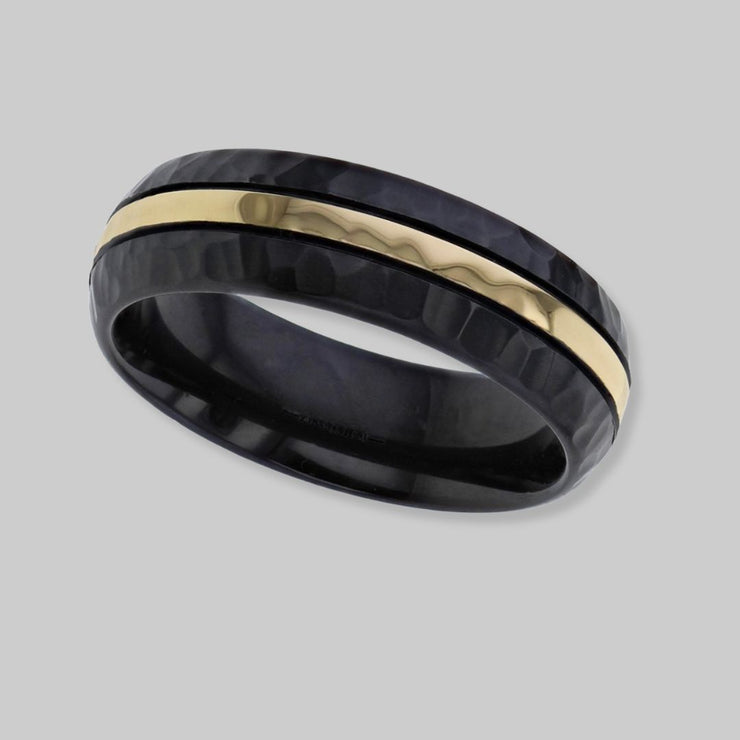 Dome profile Black Zirconium ring with a 1.5mm wide central precious yellow gold metal inlay and hammered finish by FANCI Fine Jewellery, Southampton, UK.