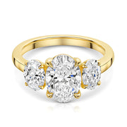 Talon Setting Three Stone Lab Grown Oval Diamond Ring In Yellow Gold By FANCI Fine Jewellery, Southampton, UK.