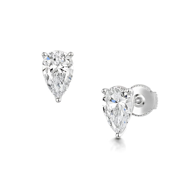 Prong Setting Lab Grown Pear Shape Diamond Stud Earrings In White Gold By FANCI Fine Jewellery, Southampton, UK.