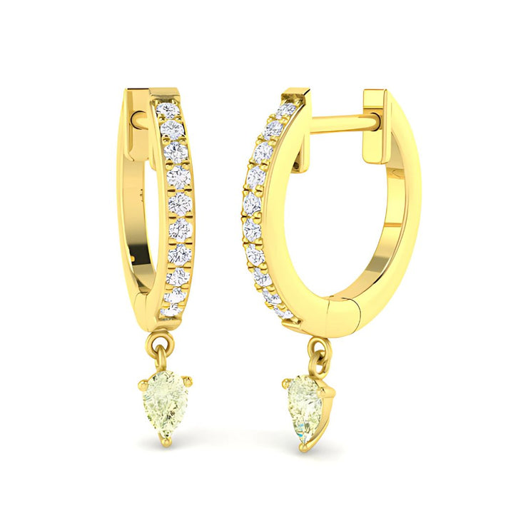 Yellow Diamond Pear Drop Huggie Diamond Earrings In Yellow Gold By FANCI Fine Jewellery, Southampton, UK.