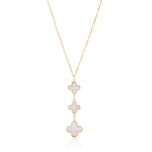 9ct Yellow Gold Mother of Pearl Clover Pendant Drop Necklace by FANCI Fine Jewellery, Southampton, UK.