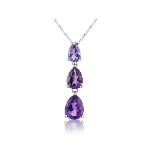 9ct White Gold Pear Amethysts Drop Pendant Necklace By FANCI Fine Jewellery, Southampton, UK.