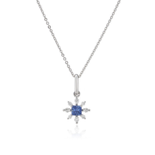 9ct White Gold Diamond & Sapphire Snowflake Pendant Necklace By FANCI Fine Jewellery, Southampton, UK.