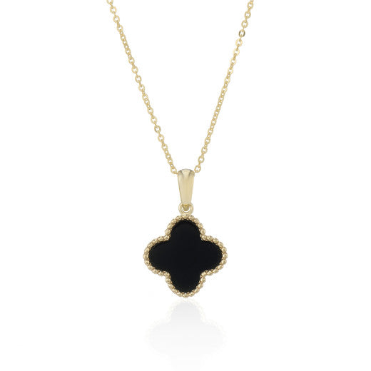 9ct Yellow Gold Onyx Clover Pendant by FANCI Fine Jewellery, Southampton, UK.