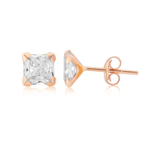 9ct Rose Gold Square Cubic Zirconia Stud Earrings By FANCI Fine Jewellery, Southampton, UK.