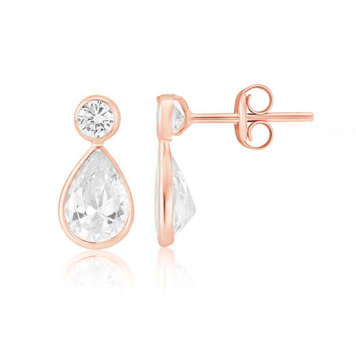 9ct Rose Gold Rubover Round And Pear Shape Earrings by FANCI Fine Jewellery, Southampton, UK