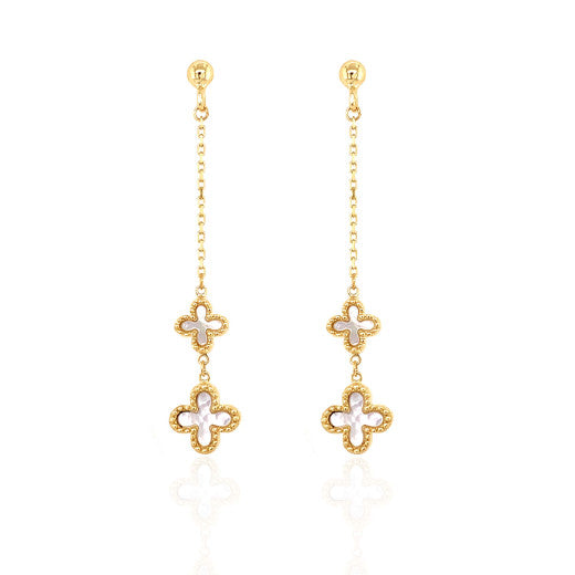 9ct Yellow Gold Mother Of Pearl Flowers Drop Earrings by FANCI Fine Jewellery, Southampton, UK.