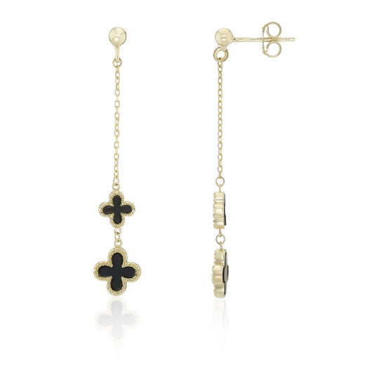 9ct Yellow Gold Onyx Flowers Drop Earrings by FANCI Fine Jewellery, Southampton, UK.