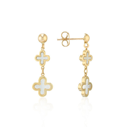 9ct Yellow Gold Mother of Pearl Clover Drop Earrings By FANCI Fine Jewellery, Southampton, UK.