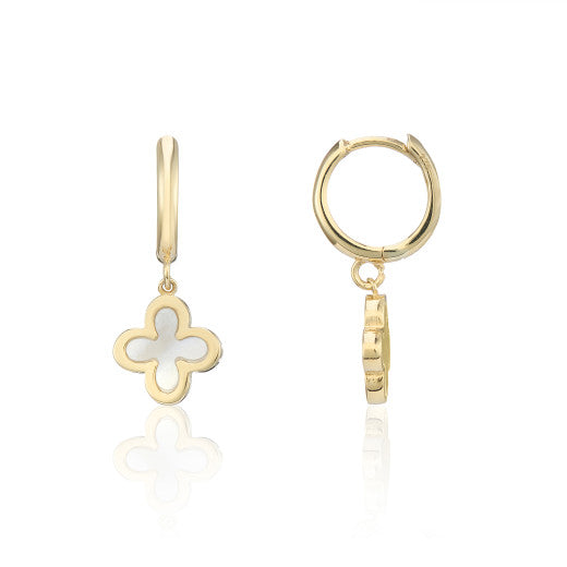 9ct Yellow Gold Single Clover Mother of Pearl Drop Earrings By FANCI Fine Jewellery, Southampton, UK.