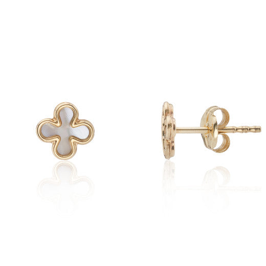 9ct Yellow Gold Mother Of Pearl Flower Stud Earrings by FANCI Fine Jewellery, Southampton, UK.