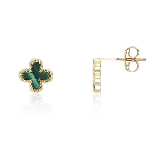 9ct Yellow Gold Malachite Flower Stud Earrings by FANCI Fine Jewellery, Southampton, UK.