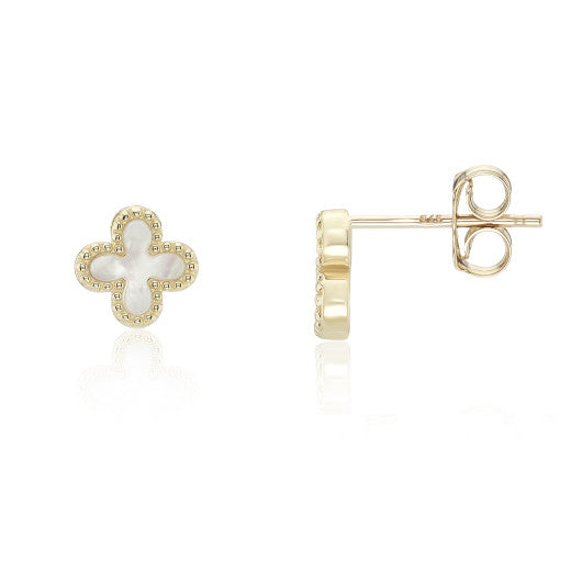 9ct Yellow Gold Mother Of Pearl Flower Stud Earrings by FANCI Fine Jewellery, Southampton, UK.