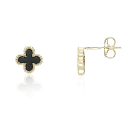 9ct Yellow Gold Onyx Flower Stud Earrings by FANCI Fine Jewellery, Southampton, UK.