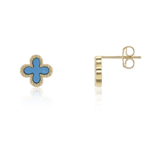 9ct Yellow Gold Turquoise Flower Stud Earrings by FANCI Fine Jewellery, Southampton, UK.