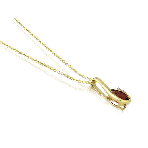 9ct Yellow Gold Garnet & Diamond Curl Pendant Necklace By FANCI Fine Jewellery, Southampton, UK.