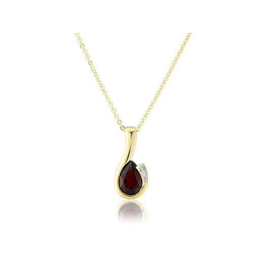 9ct Yellow Gold Garnet & Diamond Curl Pendant Necklace By FANCI Fine Jewellery, Southampton, UK.