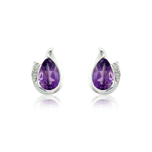 9ct White Gold Amethyst & Diamond Curl Earrings By FANCI Fine Jewellery, Southampton, UK.