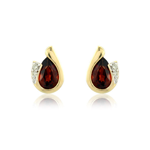 9ct Yellow Gold Garnet & Diamond Curl Earrings By FANCI Fine Jewellery, Southampton, UK.