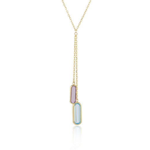 9ct Yellow Gold Lozenge Amethyst & Blue Topaz Lauret Pendant Necklace by FANCI Fine Jewellery, Southampton, UK.