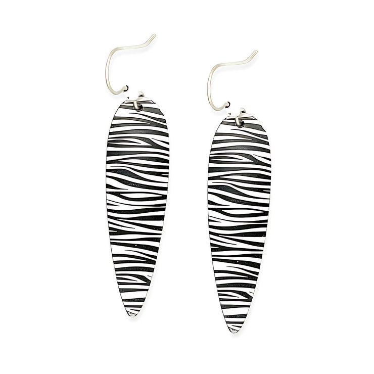 Zebra Print Long Drop Earrings in Hypoallergenic Pure Titanium by FANCI Fine Jewellery, Southampton, UK.