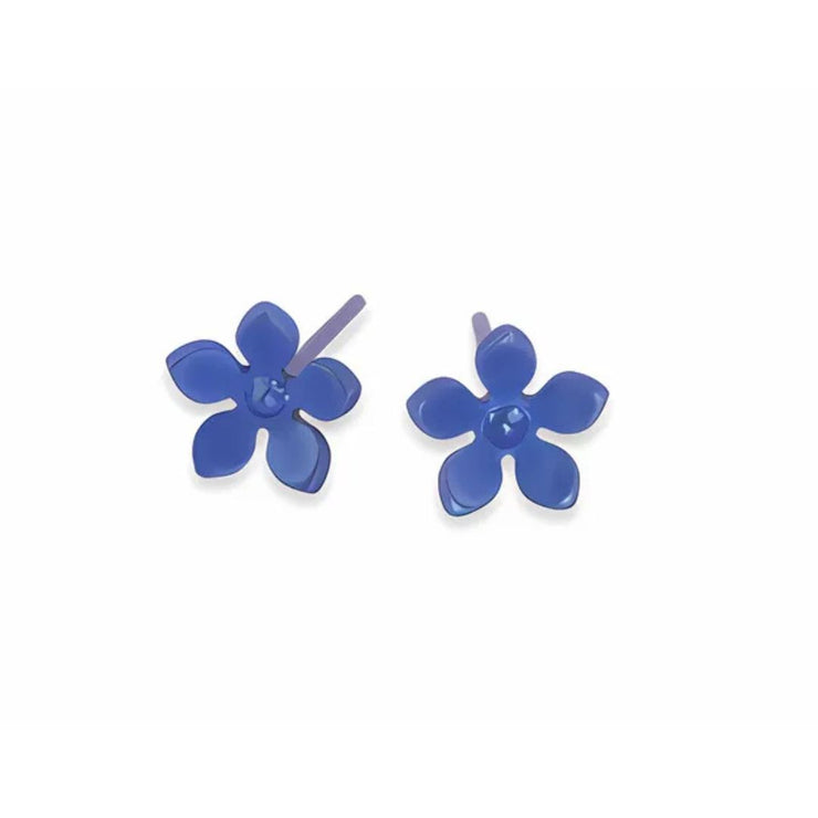 Dark Blue Colour Five Petal Stud Earrings in Hypoallergenic Pure Titanium by FANCI Fine Jewellery, Southampton, UK.