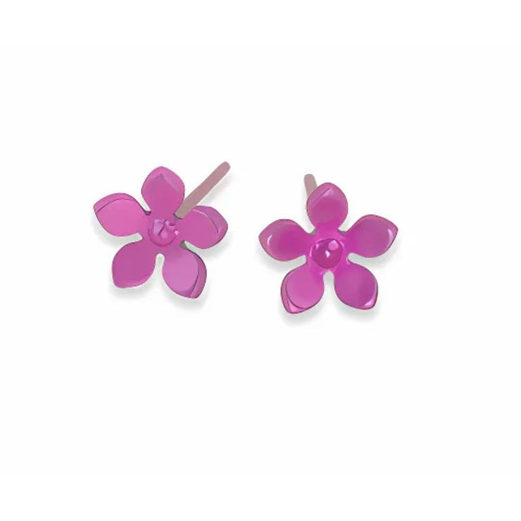 Pink Colour Five Petal Stud Earrings in Hypoallergenic Pure Titanium by FANCI Fine Jewellery, Southampton, UK.