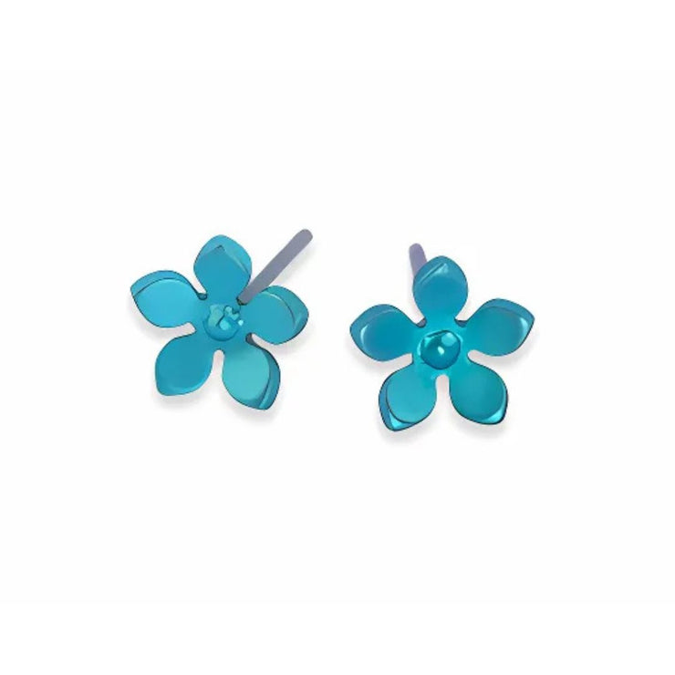 Kingfisher Blue Colour Five Petal Stud Earrings in Hypoallergenic Pure Titanium by FANCI Fine Jewellery, Southampton, UK.