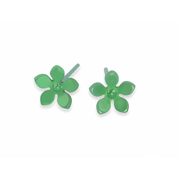 Green Colour Five Petal Stud Earrings in Hypoallergenic Pure Titanium by FANCI Fine Jewellery, Southampton, UK.